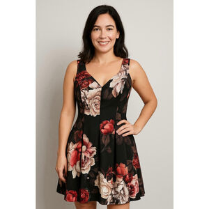 Women's Adrianna Papell Black Red Floral‎ Sleeveless Mini Dress 6 Whimsical Chic